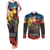 Kangaroo-Kiwi Soldier ANZAC Personalised Couples Matching Tank Maxi Dress and Long Sleeve Button Shirt Golden Wattle and Pohutukawa Flowers LT9 Black - Polynesian Pride