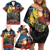 Kangaroo-Kiwi Soldier ANZAC Personalised Family Matching Off Shoulder Short Dress and Hawaiian Shirt Golden Wattle and Pohutukawa Flowers LT9 - Polynesian Pride