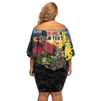 Kangaroo-Kiwi Soldier ANZAC Personalised Family Matching Off Shoulder Short Dress and Hawaiian Shirt Golden Wattle and Pohutukawa Flowers LT9 - Polynesian Pride