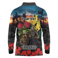 Kangaroo-Kiwi Soldier ANZAC Personalised Long Sleeve Polo Shirt Golden Wattle and Pohutukawa Flowers