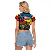Kangaroo-Kiwi Soldier ANZAC Personalised Raglan Cropped T Shirt Golden Wattle and Pohutukawa Flowers