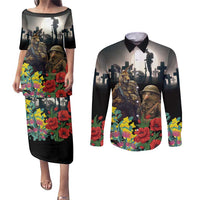 Kangaroo-Kiwi Soldier ANZAC Personalised Couples Matching Puletasi and Long Sleeve Button Shirt Golden Wattle Poppy Flowers LT9 Black - Polynesian Pride