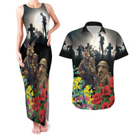 Kangaroo-Kiwi Soldier ANZAC Personalised Couples Matching Tank Maxi Dress and Hawaiian Shirt Golden Wattle Poppy Flowers LT9 Black - Polynesian Pride