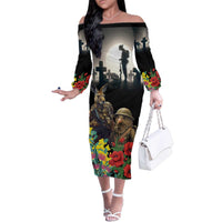 Kangaroo-Kiwi Soldier ANZAC Personalised Family Matching Off The Shoulder Long Sleeve Dress and Hawaiian Shirt Golden Wattle Poppy Flowers LT9 Mom's Dress Black - Polynesian Pride