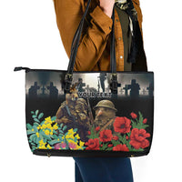 Kangaroo-Kiwi Soldier ANZAC Personalised Leather Tote Bag Golden Wattle Poppy Flowers