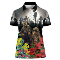 Kangaroo-Kiwi Soldier ANZAC Personalised Women Polo Shirt Golden Wattle Poppy Flowers LT9 Female Black - Polynesian Pride