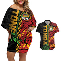 Personalised Tonga Emancipation Day Couples Matching Off Shoulder Short Dress and Hawaiian Shirt Puleanga Fakatui O Since 1970 LT9 Red - Polynesian Pride