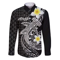 Aloha Hammerhead Shark Family Matching Off The Shoulder Long Sleeve Dress and Hawaiian Shirt Black Hawaiian Kakau Tribal Tattoo LT9 Dad's Shirt - Long Sleeve Black - Polynesian Pride