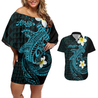 Aloha Hammerhead Shark Couples Matching Off Shoulder Short Dress and Hawaiian Shirt Calypso Hawaiian Kakau Tribal Tattoo LT9 Blue - Polynesian Pride