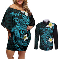Aloha Hammerhead Shark Couples Matching Off Shoulder Short Dress and Long Sleeve Button Shirt Calypso Hawaiian Kakau Tribal Tattoo LT9 Blue - Polynesian Pride
