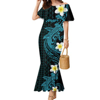 Aloha Hammerhead Shark Family Matching Mermaid Dress and Hawaiian Shirt Calypso Hawaiian Kakau Tribal Tattoo LT9 Mom's Dress Blue - Polynesian Pride