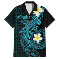 Aloha Hammerhead Shark Family Matching Off Shoulder Maxi Dress and Hawaiian Shirt Calypso Hawaiian Kakau Tribal Tattoo LT9 Dad's Shirt - Short Sleeve Blue - Polynesian Pride