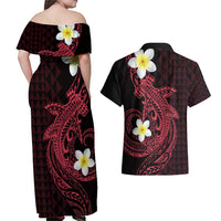Aloha Hammerhead Shark Couples Matching Off Shoulder Maxi Dress and Hawaiian Shirt Feverish Pink Hawaiian Kakau Tribal Tattoo LT9 - Polynesian Pride