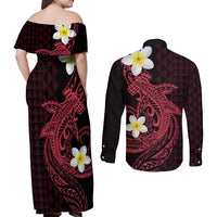 Aloha Hammerhead Shark Couples Matching Off Shoulder Maxi Dress and Long Sleeve Button Shirt Feverish Pink Hawaiian Kakau Tribal Tattoo LT9 - Polynesian Pride