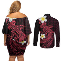 Aloha Hammerhead Shark Couples Matching Off Shoulder Short Dress and Long Sleeve Button Shirt Feverish Pink Hawaiian Kakau Tribal Tattoo LT9 - Polynesian Pride