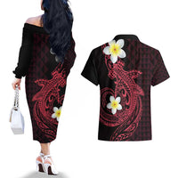 Aloha Hammerhead Shark Couples Matching Off The Shoulder Long Sleeve Dress and Hawaiian Shirt Feverish Pink Hawaiian Kakau Tribal Tattoo LT9 - Polynesian Pride