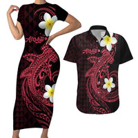 Aloha Hammerhead Shark Couples Matching Short Sleeve Bodycon Dress and Hawaiian Shirt Feverish Pink Hawaiian Kakau Tribal Tattoo LT9 Pink - Polynesian Pride