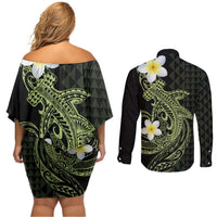 Aloha Hammerhead Shark Couples Matching Off Shoulder Short Dress and Long Sleeve Button Shirt Lime Rickey Hawaiian Kakau Tribal Tattoo LT9 - Polynesian Pride