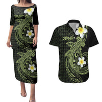 Aloha Hammerhead Shark Couples Matching Puletasi and Hawaiian Shirt Lime Rickey Hawaiian Kakau Tribal Tattoo