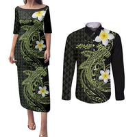 Aloha Hammerhead Shark Couples Matching Puletasi and Long Sleeve Button Shirt Lime Rickey Hawaiian Kakau Tribal Tattoo