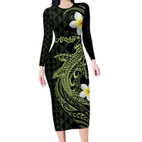 Aloha Hammerhead Shark Family Matching Long Sleeve Bodycon Dress and Hawaiian Shirt Lime Rickey Hawaiian Kakau Tribal Tattoo LT9 Mom's Dress Lime - Polynesian Pride
