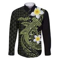 Aloha Hammerhead Shark Family Matching Off Shoulder Short Dress and Hawaiian Shirt Lime Rickey Hawaiian Kakau Tribal Tattoo LT9 Dad's Shirt - Long Sleeve Lime - Polynesian Pride