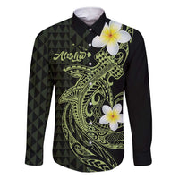 Aloha Hammerhead Shark Family Matching Short Sleeve Bodycon Dress and Hawaiian Shirt Lime Rickey Hawaiian Kakau Tribal Tattoo LT9 Dad's Shirt - Long Sleeve Lime - Polynesian Pride