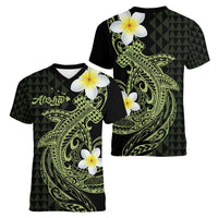 Aloha Hammerhead Shark Women V-Neck T-Shirt Lime Rickey Hawaiian Kakau Tribal Tattoo