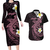 Aloha Hammerhead Shark Couples Matching Long Sleeve Bodycon Dress and Hawaiian Shirt Vivacious Pink Hawaiian Kakau Tribal Tattoo LT9 Pink - Polynesian Pride