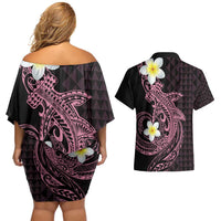 Aloha Hammerhead Shark Couples Matching Off Shoulder Short Dress and Hawaiian Shirt Vivacious Pink Hawaiian Kakau Tribal Tattoo LT9 - Polynesian Pride
