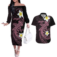Aloha Hammerhead Shark Couples Matching Off The Shoulder Long Sleeve Dress and Hawaiian Shirt Vivacious Pink Hawaiian Kakau Tribal Tattoo LT9 Pink - Polynesian Pride