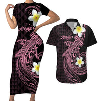 Aloha Hammerhead Shark Couples Matching Short Sleeve Bodycon Dress and Hawaiian Shirt Vivacious Pink Hawaiian Kakau Tribal Tattoo LT9 Pink - Polynesian Pride