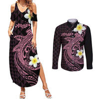 Aloha Hammerhead Shark Couples Matching Summer Maxi Dress and Long Sleeve Button Shirt Vivacious Pink Hawaiian Kakau Tribal Tattoo LT9 Pink - Polynesian Pride