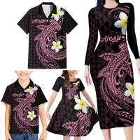 Aloha Hammerhead Shark Family Matching Long Sleeve Bodycon Dress and Hawaiian Shirt Vivacious Pink Hawaiian Kakau Tribal Tattoo LT9 - Polynesian Pride