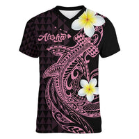 Aloha Hammerhead Shark Women V-Neck T-Shirt Vivacious Pink Hawaiian Kakau Tribal Tattoo