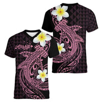 Aloha Hammerhead Shark Women V-Neck T-Shirt Vivacious Pink Hawaiian Kakau Tribal Tattoo