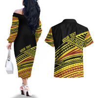 Personalised Tonga Ha apai High School Couples Matching Off The Shoulder Long Sleeve Dress and Hawaiian Shirt Ngatu Fonulei Pattern