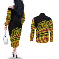 Personalised Tonga Ha apai High School Couples Matching Off The Shoulder Long Sleeve Dress and Long Sleeve Button Shirt Ngatu Fonulei Pattern