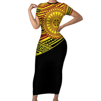 Personalised Tonga Ha apai High School Family Matching Short Sleeve Bodycon Dress and Hawaiian Shirt Ngatu Fonulei Pattern LT9 Mom's Dress Gold - Polynesian Pride
