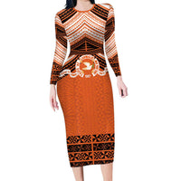 Personalised Tonga Tailulu College Family Matching Long Sleeve Bodycon Dress and Hawaiian Shirt Polynesian Ngatu Tribal LT9 Mom's Dress Orange - Polynesian Pride