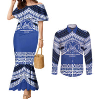 Personalised Tonga Taufa'ahau Pilolevu College Couples Matching Mermaid Dress and Long Sleeve Button Shirt Polynesian Ngatu Tribal LT9 Blue - Polynesian Pride