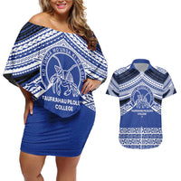 Personalised Tonga Taufa'ahau Pilolevu College Couples Matching Off Shoulder Short Dress and Hawaiian Shirt Polynesian Ngatu Tribal LT9 Blue - Polynesian Pride
