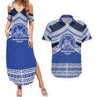 Personalised Tonga Taufa'ahau Pilolevu College Couples Matching Summer Maxi Dress and Hawaiian Shirt Polynesian Ngatu Tribal LT9 Blue - Polynesian Pride