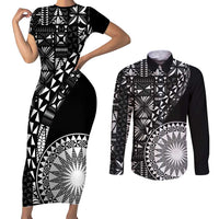 Black Tongan Ngatu Fonulei Pattern Couples Matching Short Sleeve Bodycon Dress and Long Sleeve Button Shirt