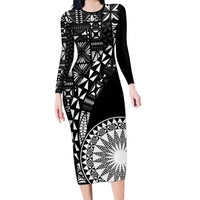 Black Tongan Ngatu Fonulei Pattern Family Matching Long Sleeve Bodycon Dress and Hawaiian Shirt LT9 Mom's Dress Black - Polynesian Pride