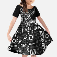Black Tongan Ngatu Fonulei Pattern Family Matching Off Shoulder Maxi Dress and Hawaiian Shirt