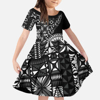 Black Tongan Ngatu Fonulei Pattern Kid Short Sleeve Dress