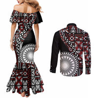 Red Tongan Ngatu Fonulei Pattern Couples Matching Mermaid Dress and Long Sleeve Button Shirt