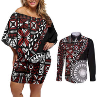 Red Tongan Ngatu Fonulei Pattern Couples Matching Off Shoulder Short Dress and Long Sleeve Button Shirt LT9 Red - Polynesian Pride