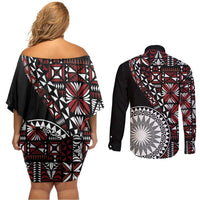 Red Tongan Ngatu Fonulei Pattern Couples Matching Off Shoulder Short Dress and Long Sleeve Button Shirt LT9 - Polynesian Pride